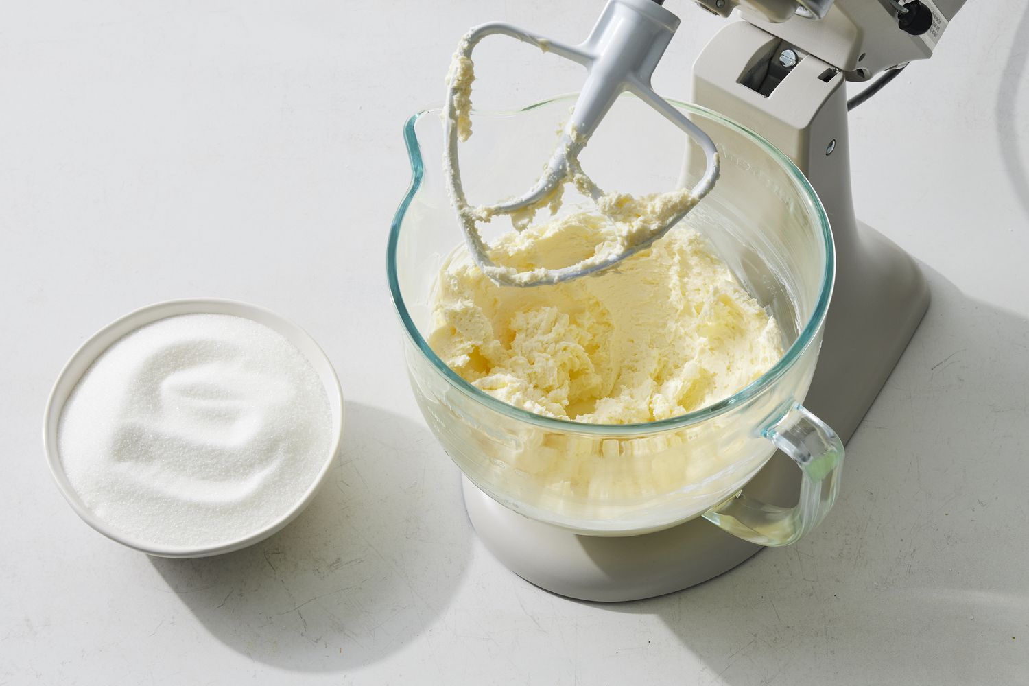 overhead view of mixing machine and batter