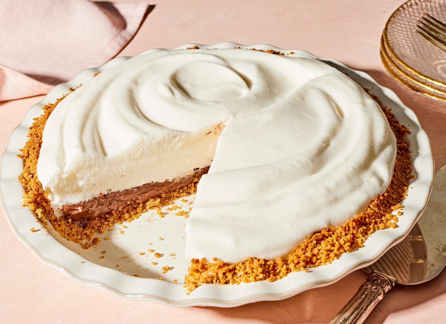 black bottom pie with meringue with slices removed