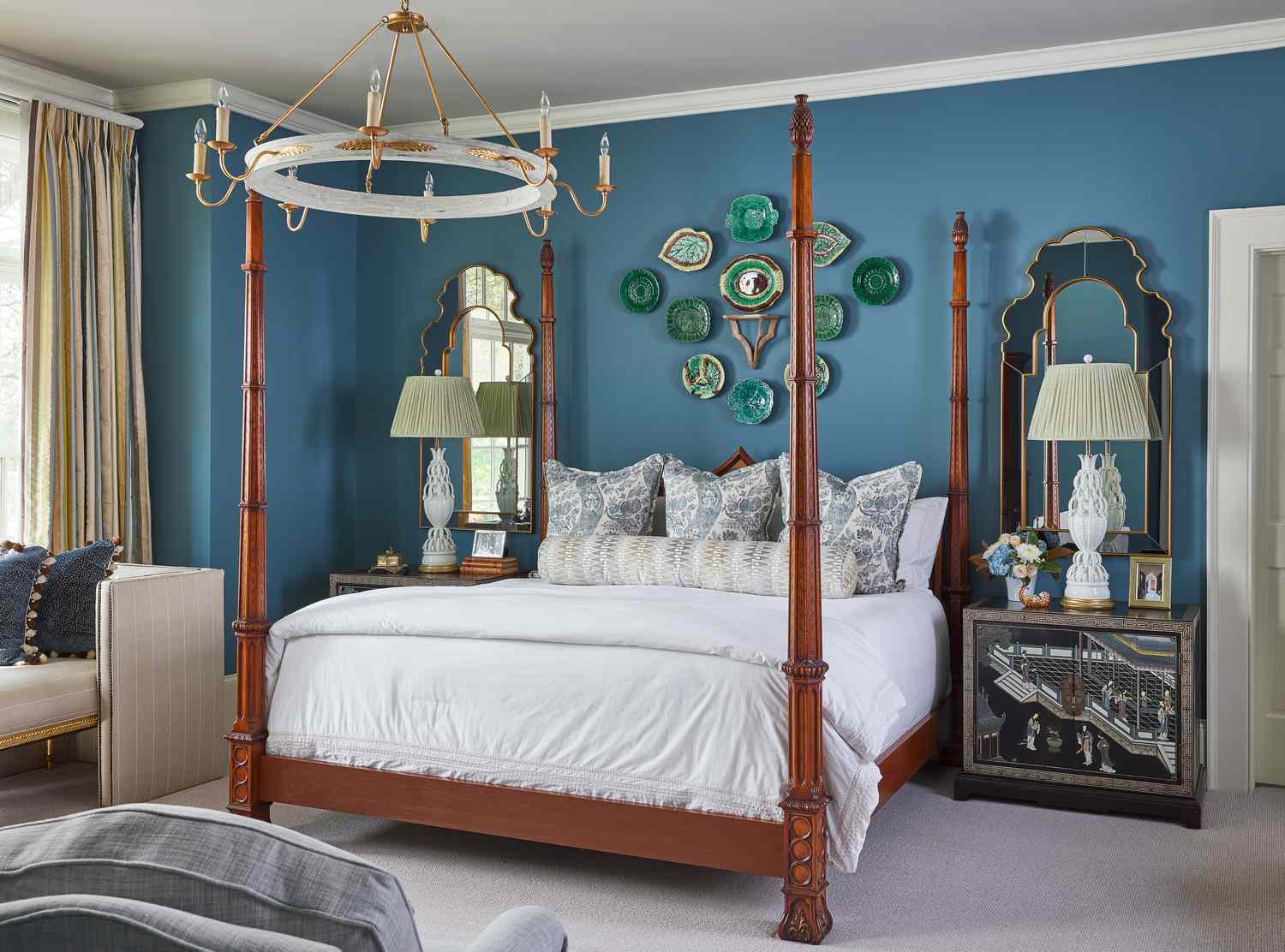 Bold Blue bedroom with wood frame