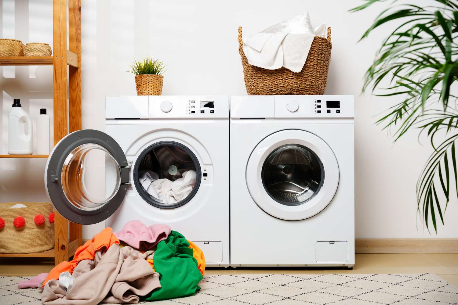 Frontloading washing machine and dryer side by side with laundry on the floor and a basket of towels on top