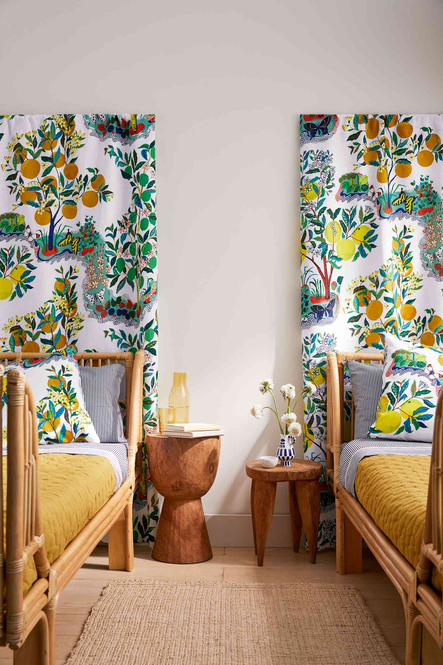 fabric drapes as a headboard for the bedroom