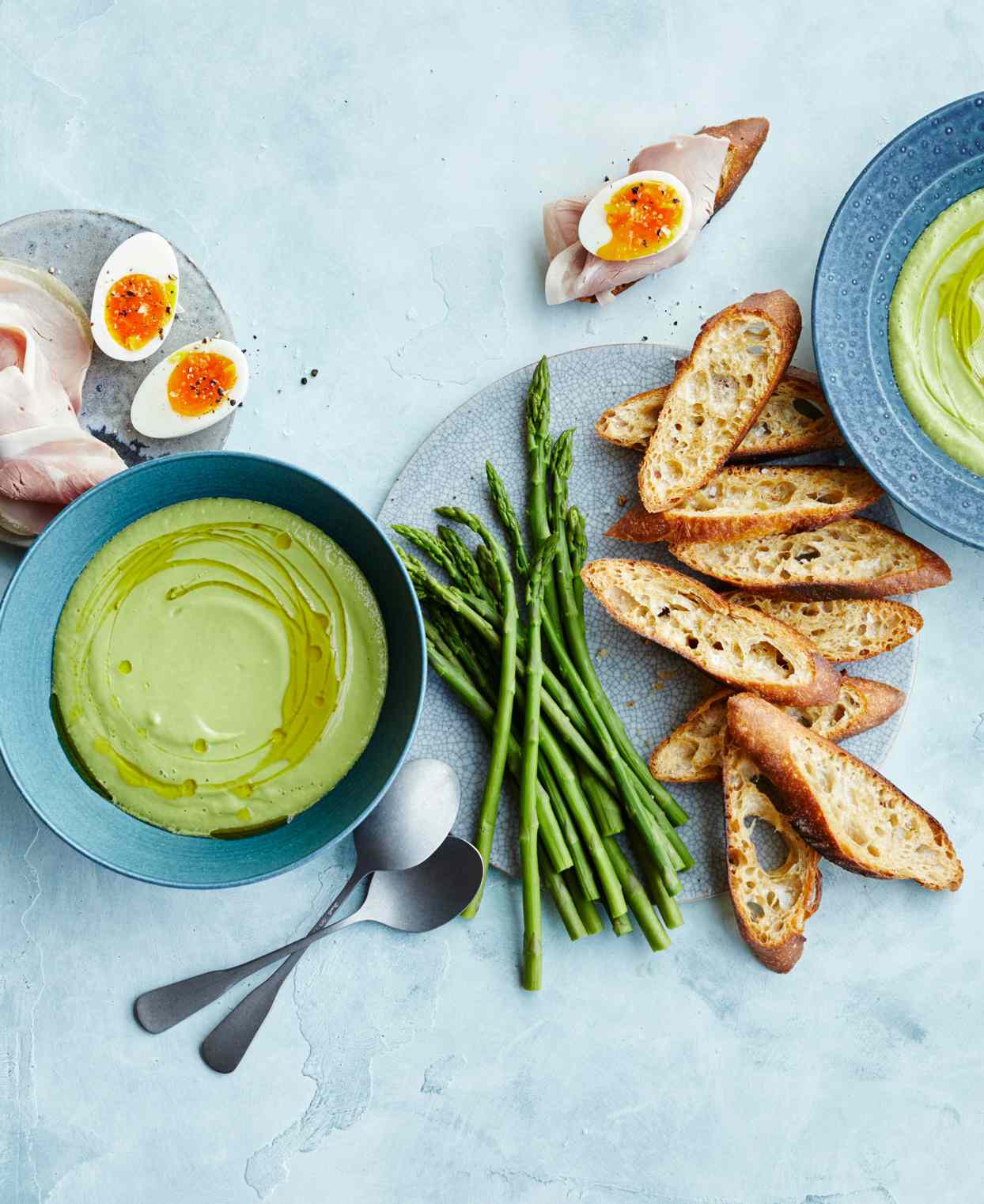 chilled avocado-cucumber soup with crostini ham and eggs