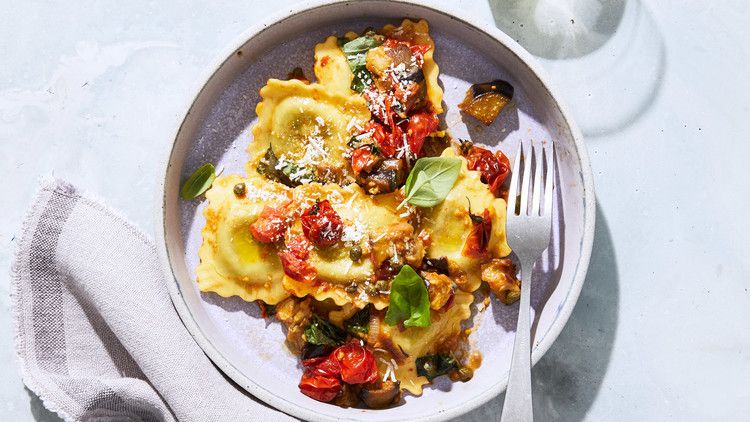 Ravioli with Roasted Eggplant, Tomatoes, and Capers