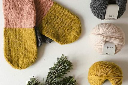 Mustard, beige, and gray-colored yarn