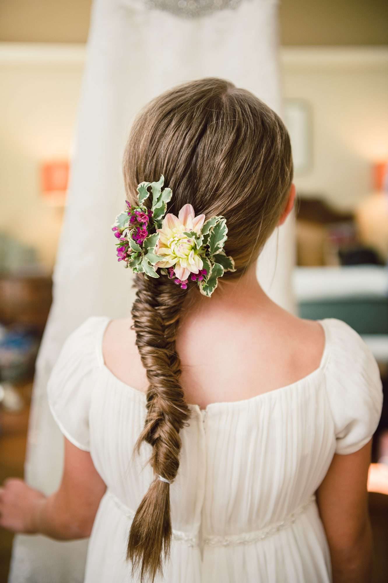 Flower Girl Hairstyle Fishtail Braid with Flower Piece
