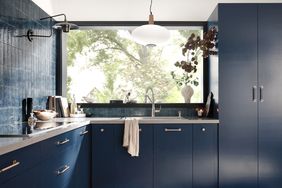 deep blue minimal kitchen with window
