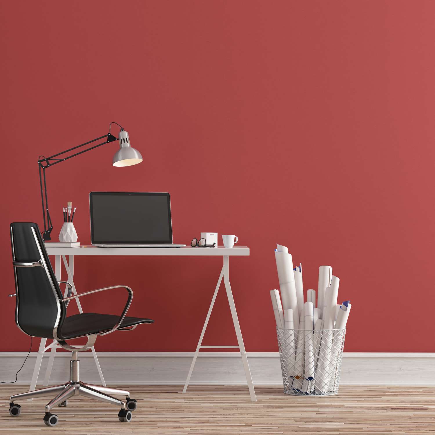 a red home office