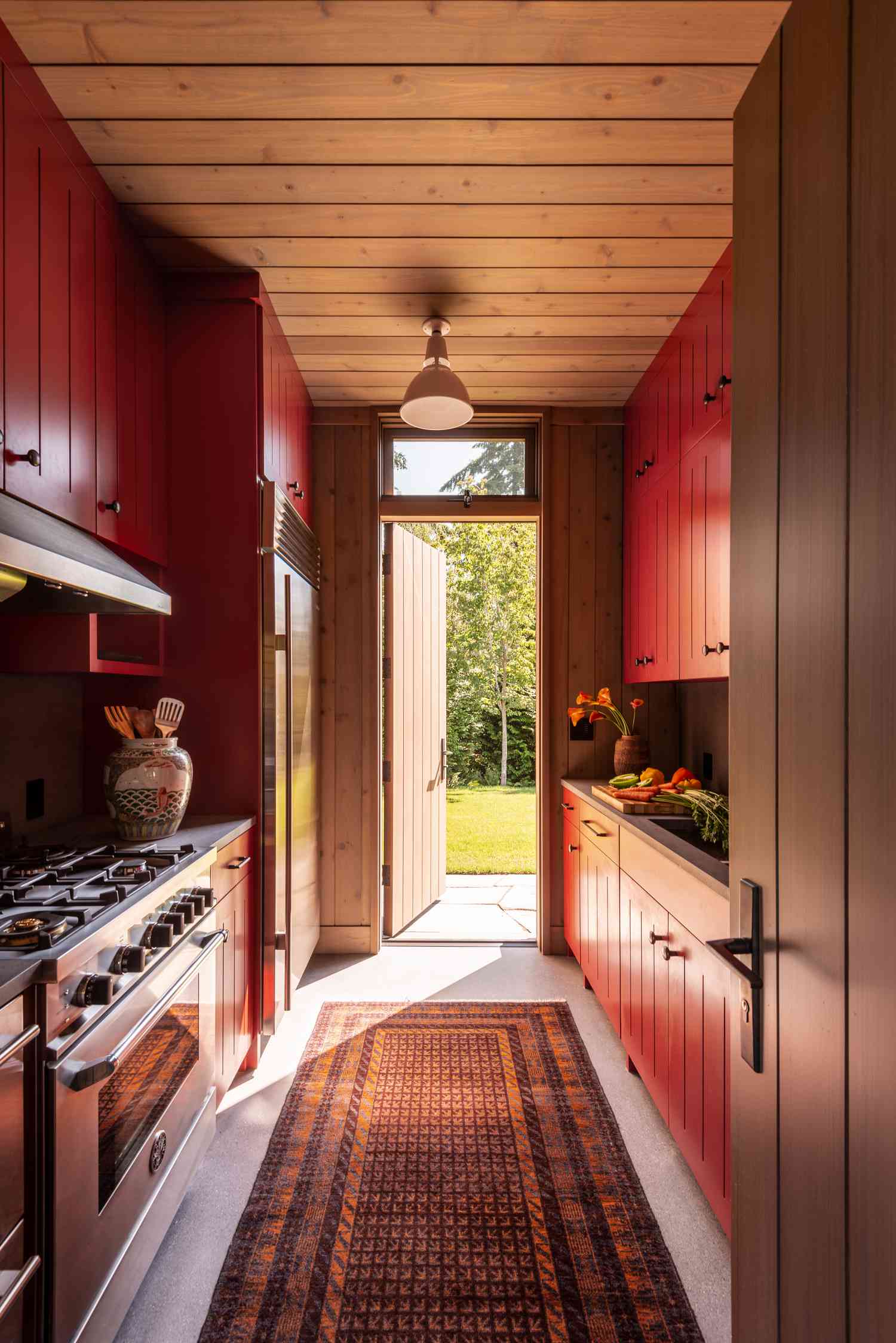 Bold red galley kitchen