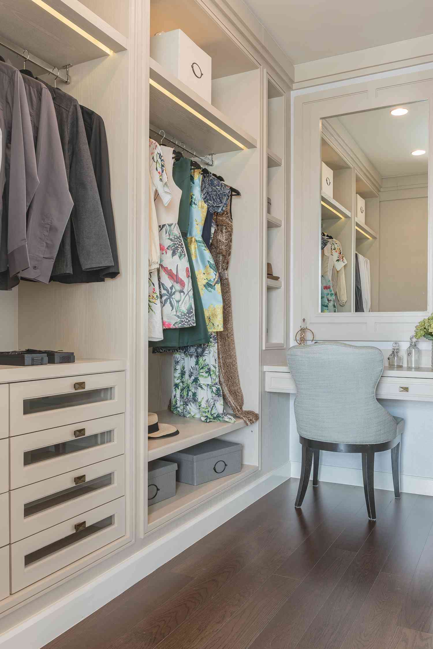 wooden wardrobe with dressing table and chair at home