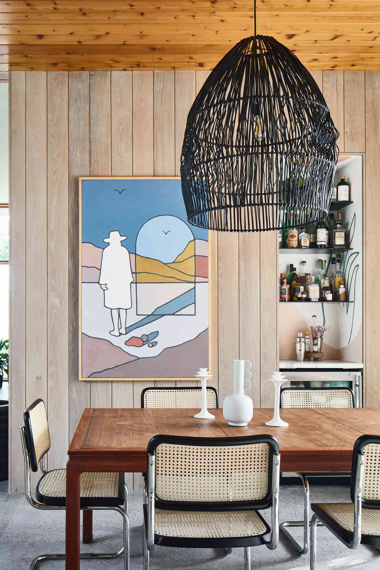 wood panel wall dining room with custom tom jean webb painting