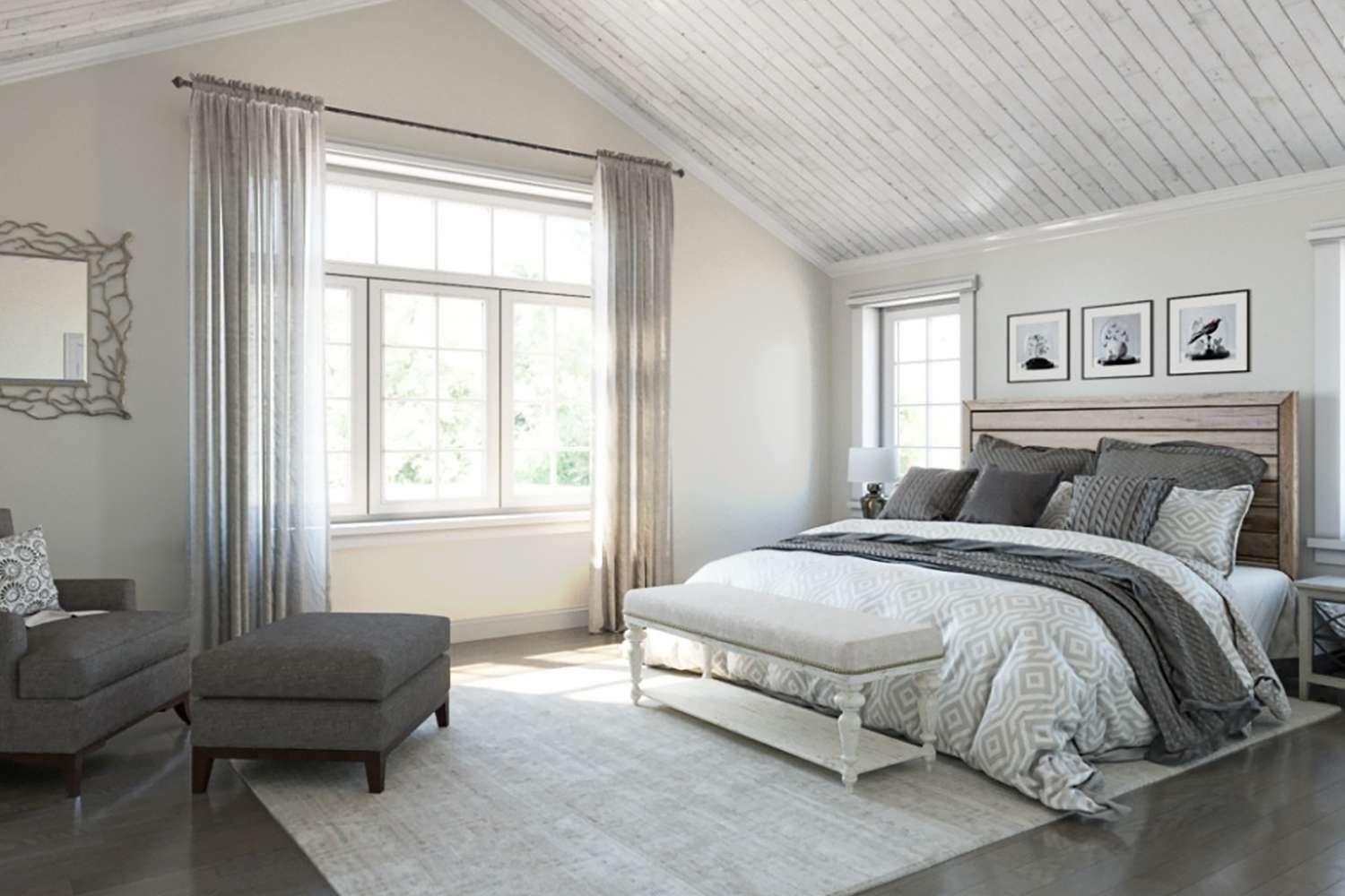 white bedroom with vaulted ceilings