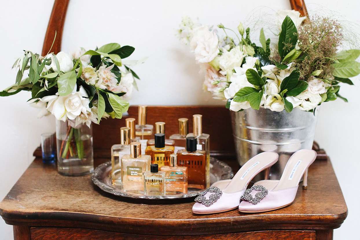 pia davide wedding bride's shoes on wooden dresser
