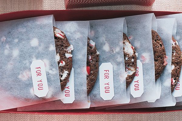crushed peppermint-chocolate cookies in glassine envelopes