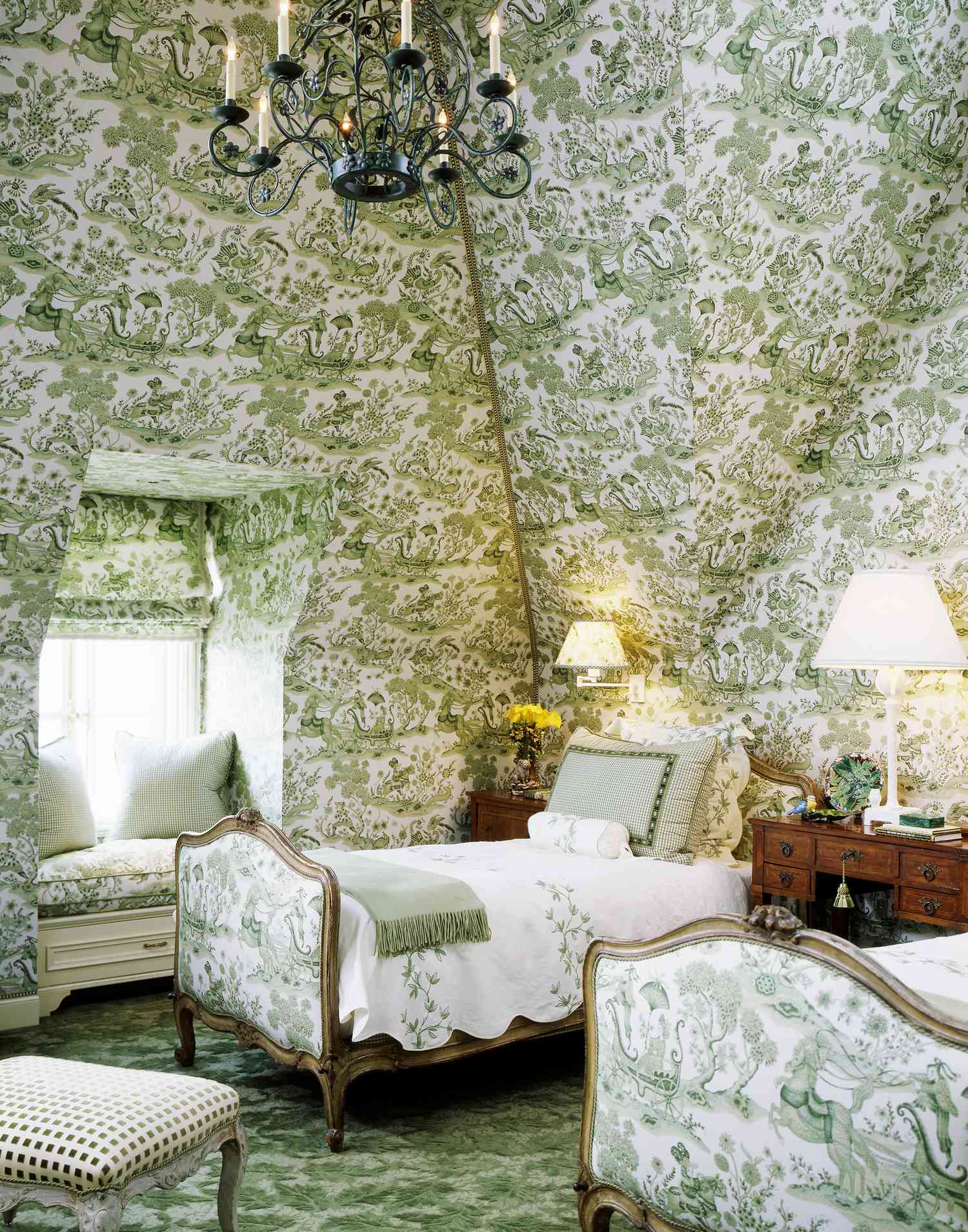 Bedroom with repeated toile pattern