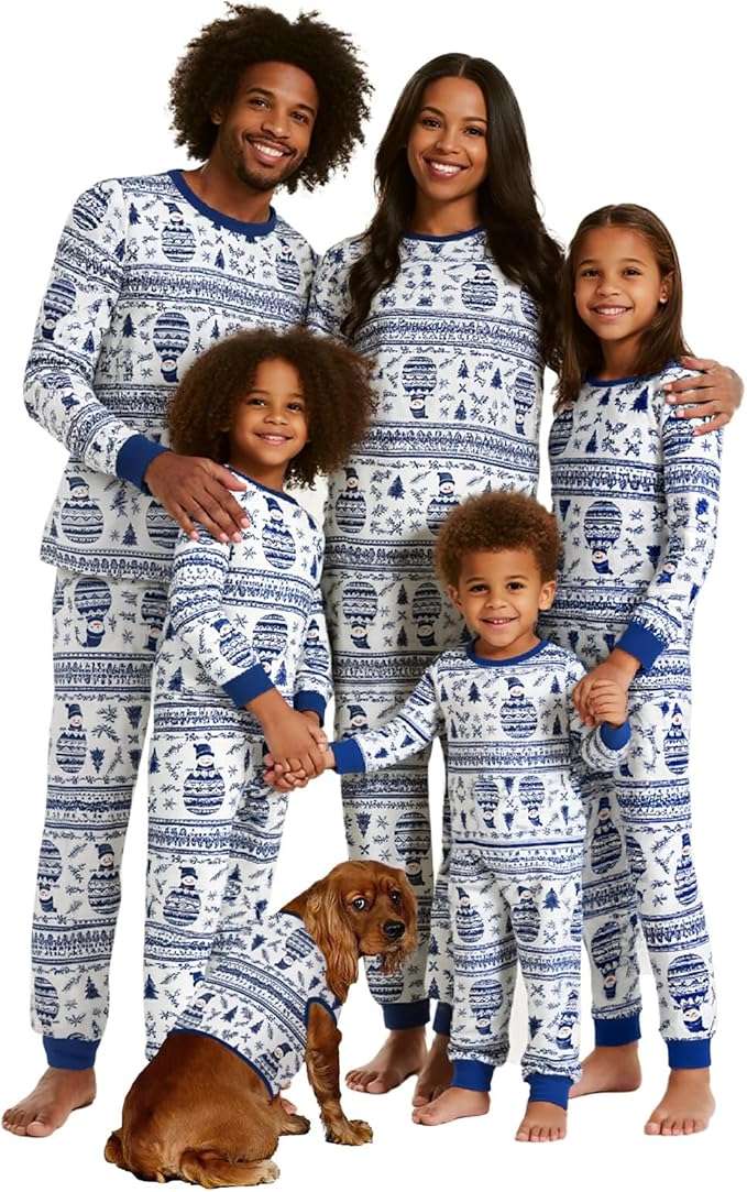 A family wearing matching patterned outfits including a dog