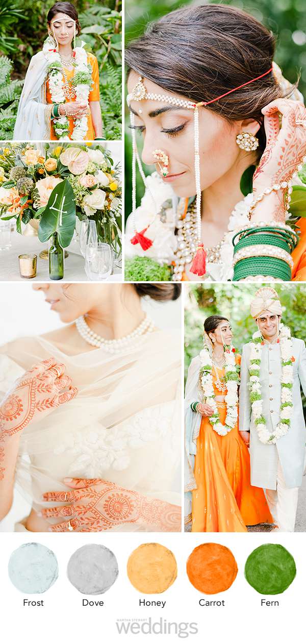 wedding color palette mood board frost, dove, honey, carrot, fern