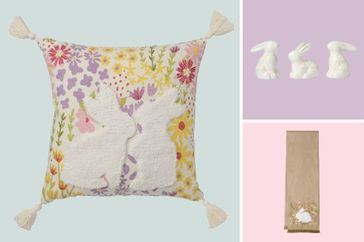 A decorative cushion with bunny designs ceramic bunny figurines and an embroidered tea towel with a rabbit motif
