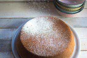 overhead view of a cake with powdered sugar