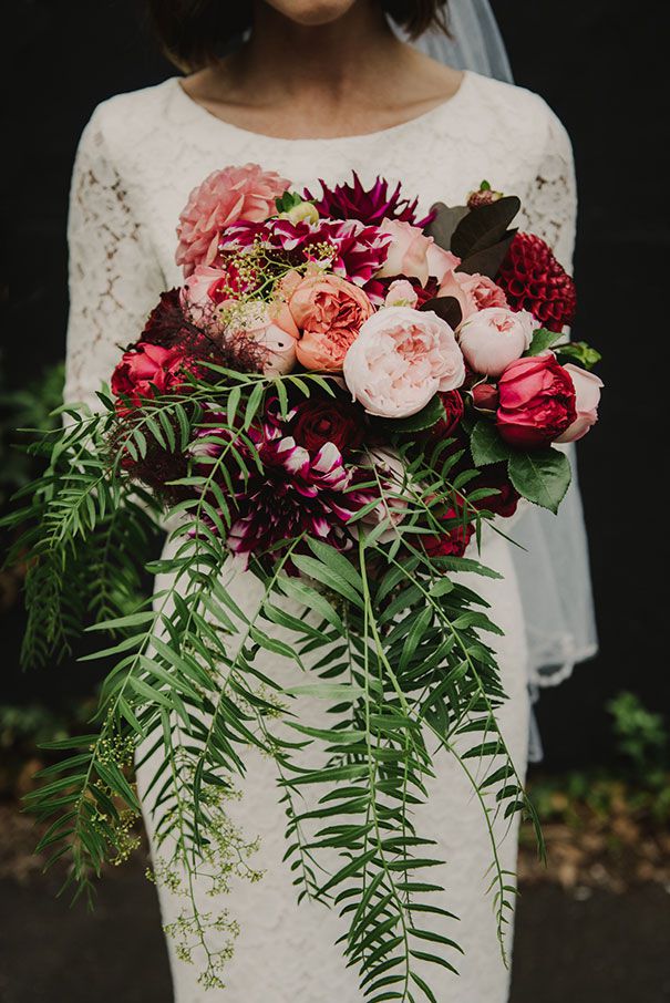 Fern Wedding Bouquet with Peonies, Roses, and Zinnias
