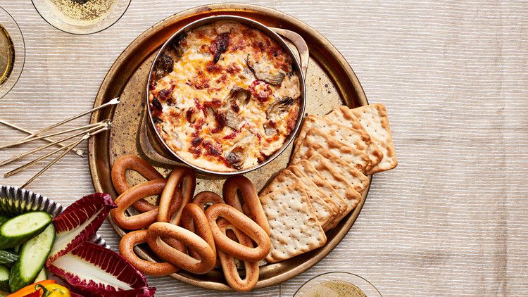 three-cheese artichoke-and-sun-dried-tomato dip