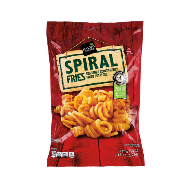 Bag of frozen seasoned curly fries labeled as Spiral Fries