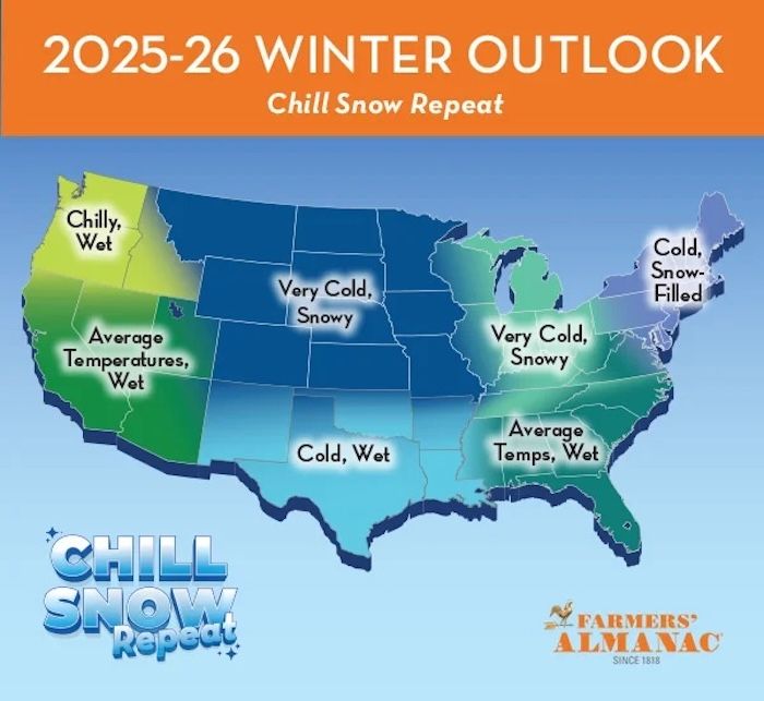 Map illustrating 202526 winter weather predictions for regions in the United States with descriptors like cold very cold snowy
