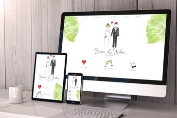 A wedding website displayed on a computer tablet and smartphone