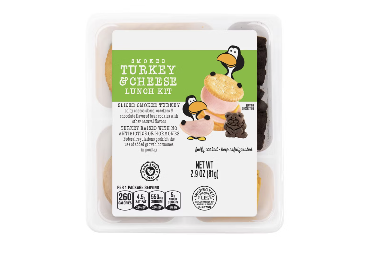 Smoked turkey and cheese lunch kit packaging with penguin illustrations includes turkey slices cheese crackers and cookies