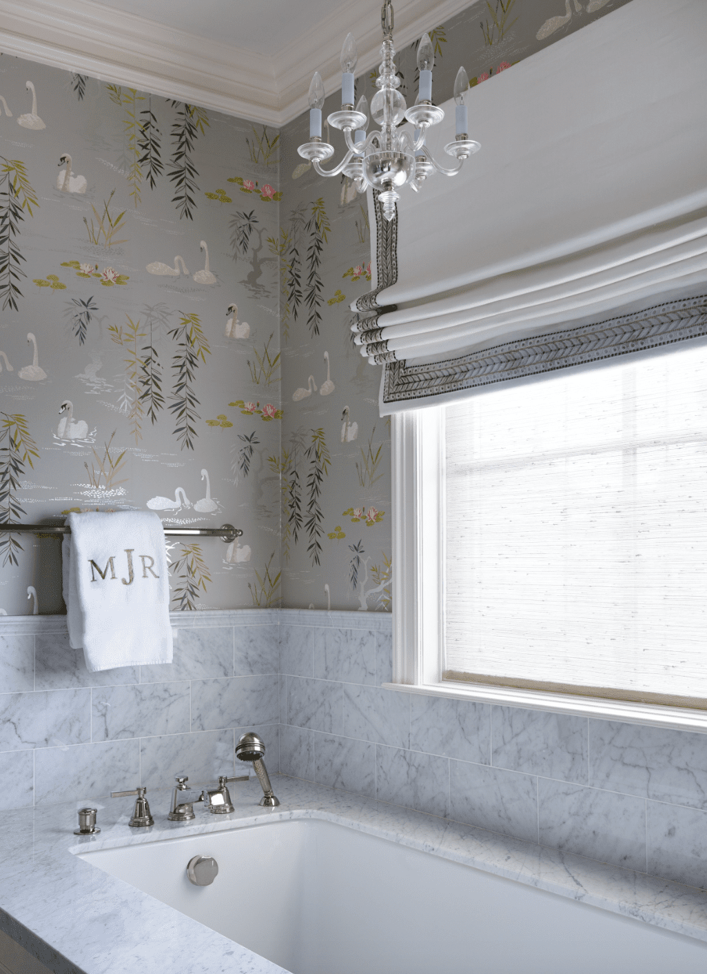 Bathroom with swan wallpaper