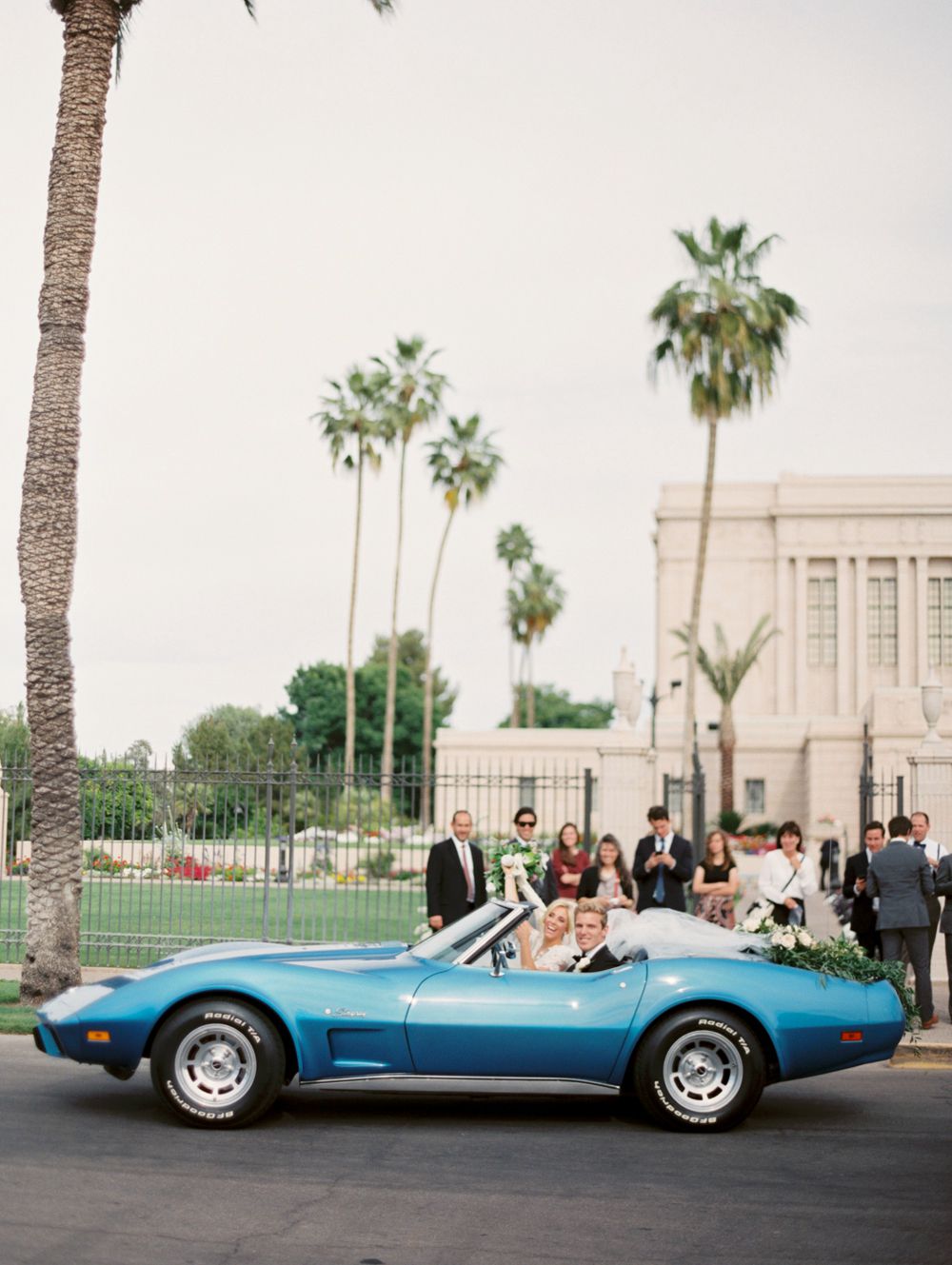 blue wedding getaway car