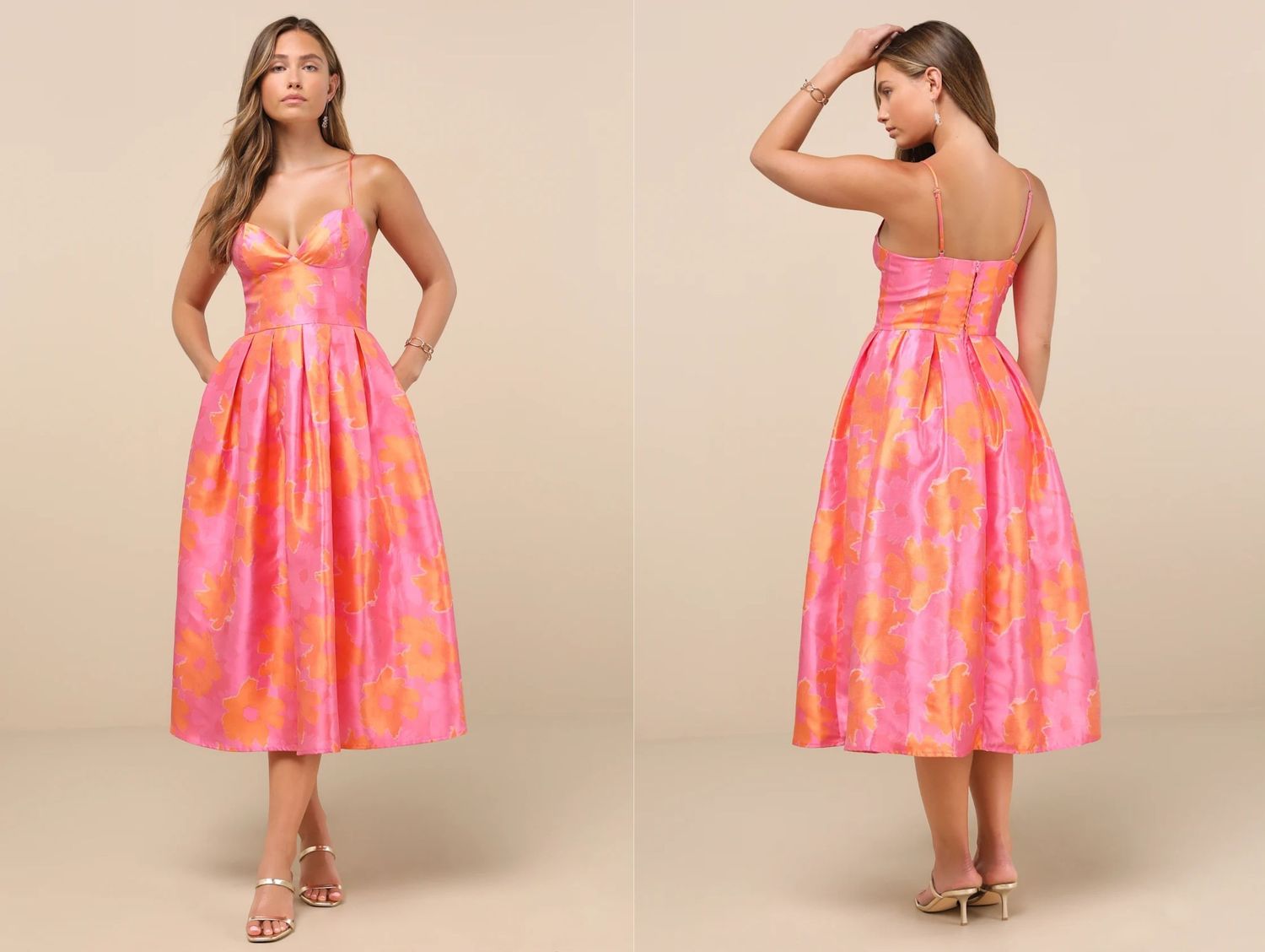 A woman showcasing a dress in both front and back views standing in a neutral setting