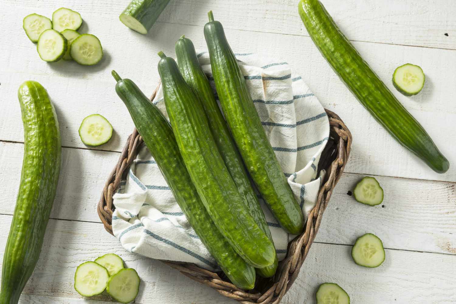 Green English Cucumbers in basket