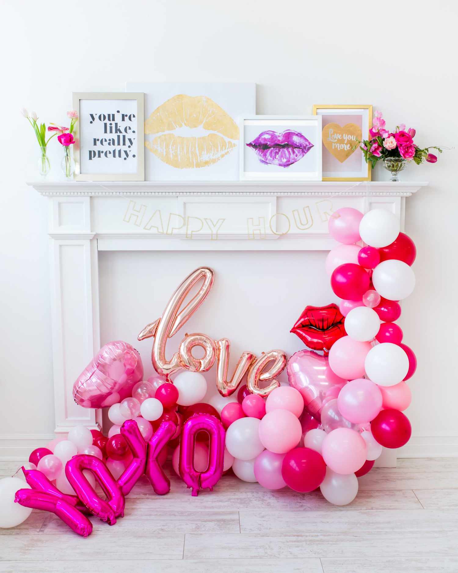Galentine's Day fireplace mantel decorations
