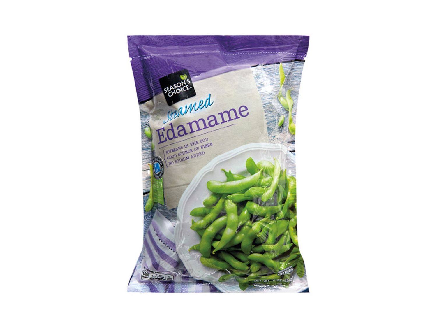 A package of frozen steamed edamame beans