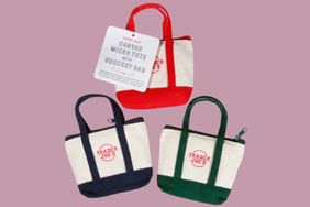 Canvas micro tote bags with Trader Joes logo shown in red navy and green trims