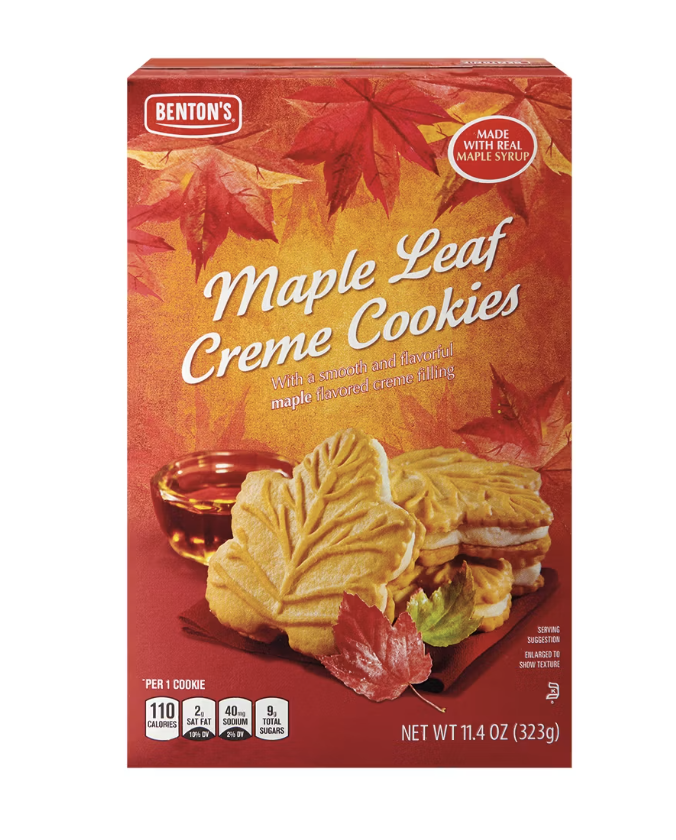 Box of Bentons Maple Leaf Creme Cookies with maple leaf decorations and cookies displayed