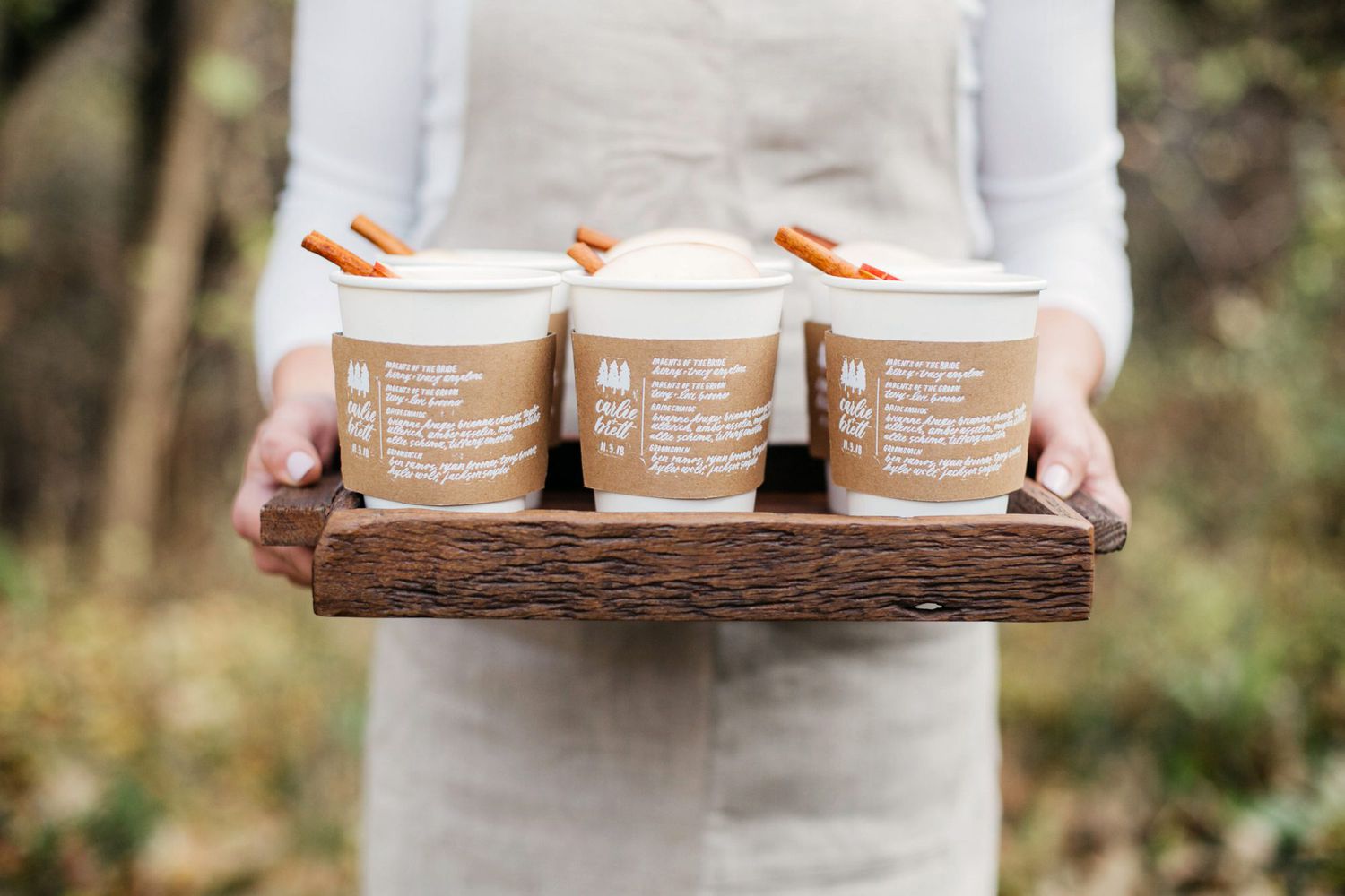 coffee wedding ideas tray of beverages with custom cardboard sleeves
