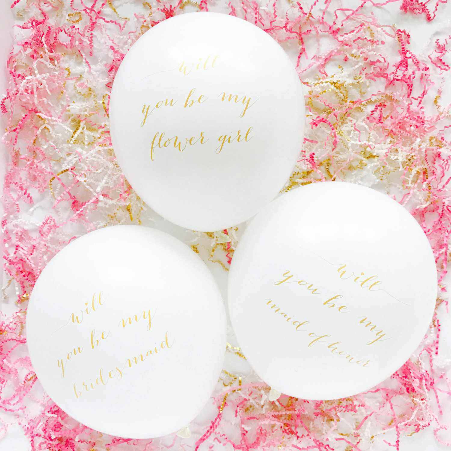 maid of honor proposal balloons with gold calligraphy