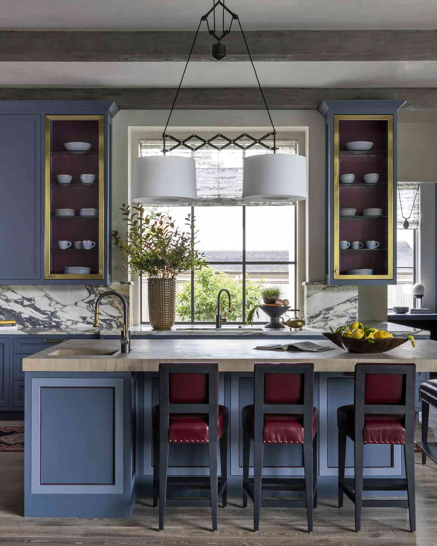 blue and maroon kitchen
