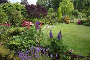 A lush garden featuring flowers, plants, and a manicured lawn with trees and an archway in the background
