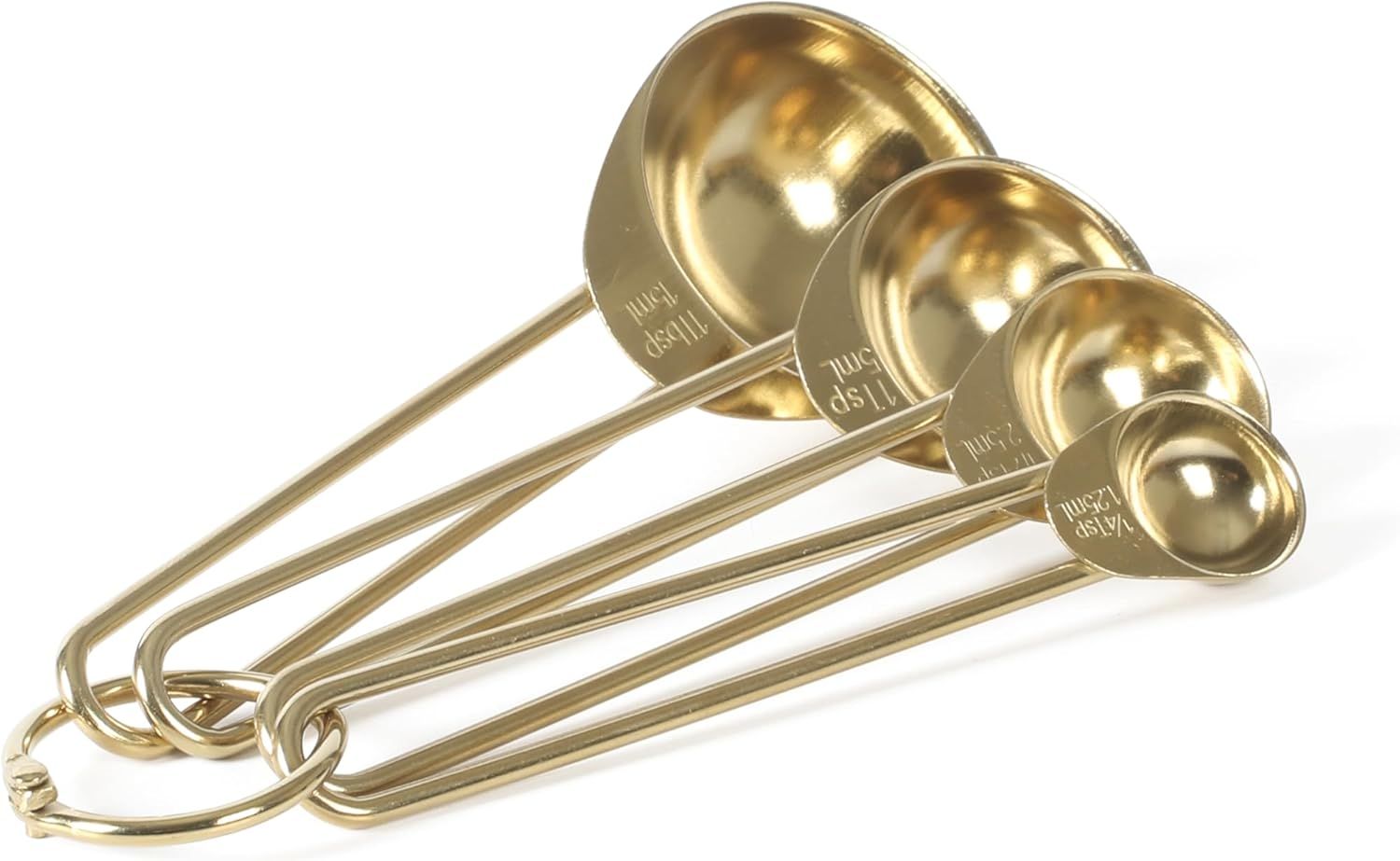 A set of four metal measuring spoons on a ring