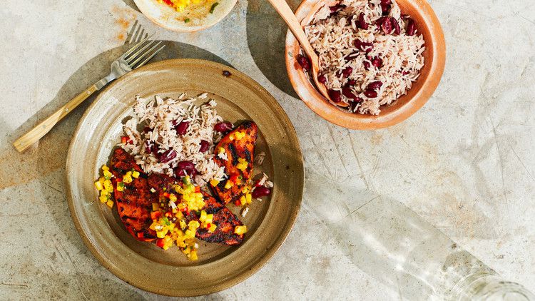 grilled sweet potatoes with rice and peas