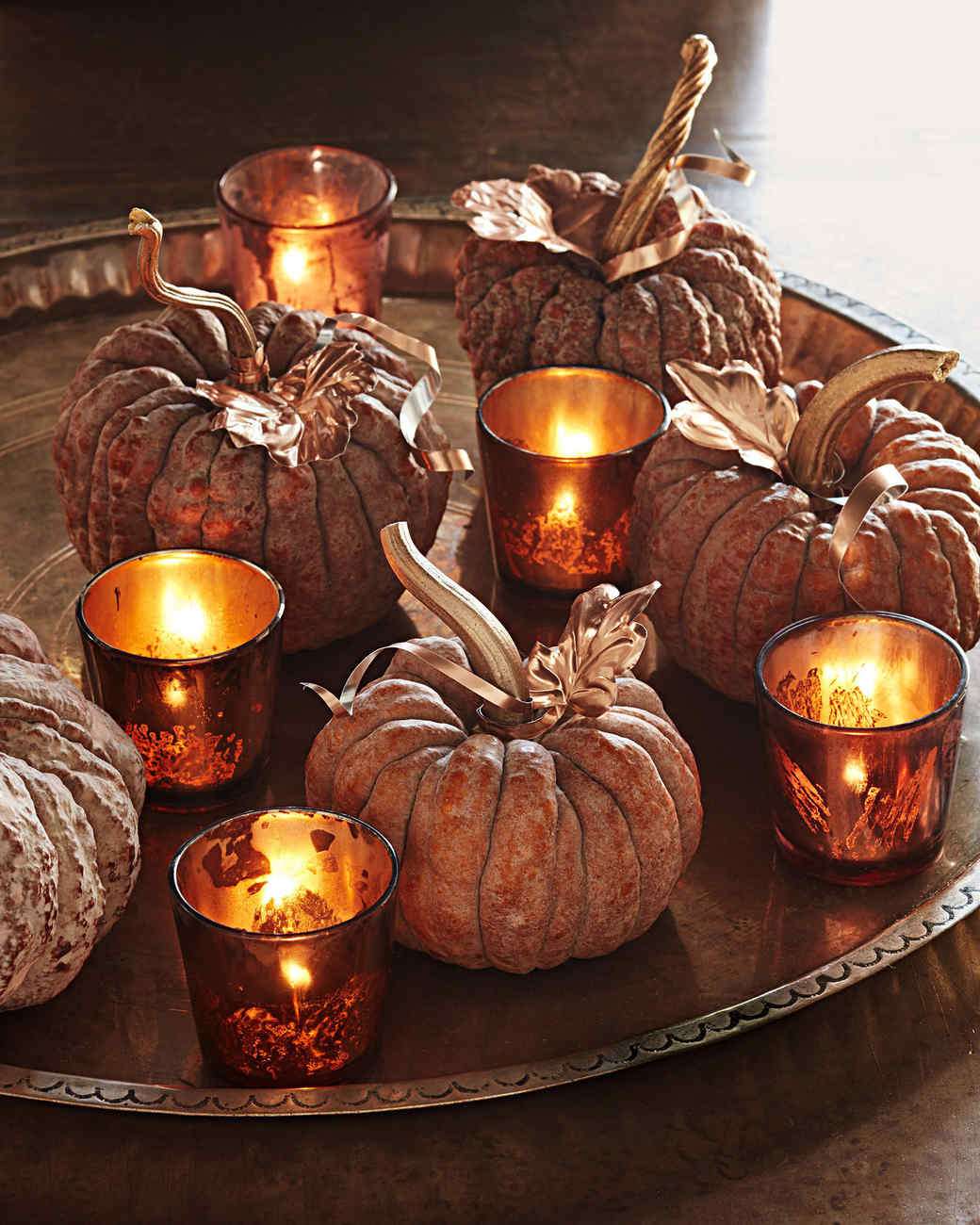 copper leaf pumpkins as a Halloween centerpiece