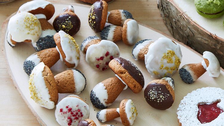 mushroom cookies on white platter
