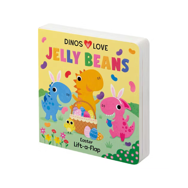 A childrens book titled Dinos Love Jelly Beans featuring cartoon dinosaurs with a basket of eggs and jelly beans