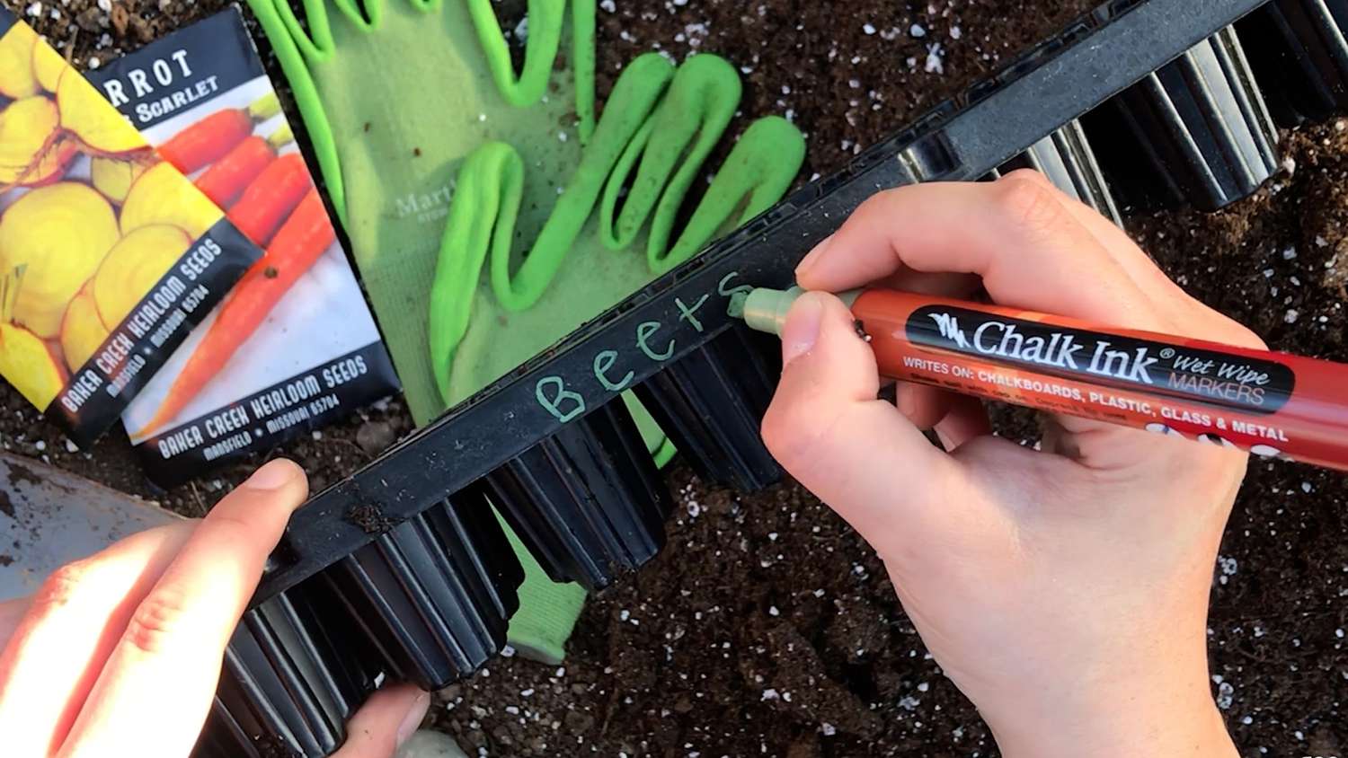 Person labeling container with seeds