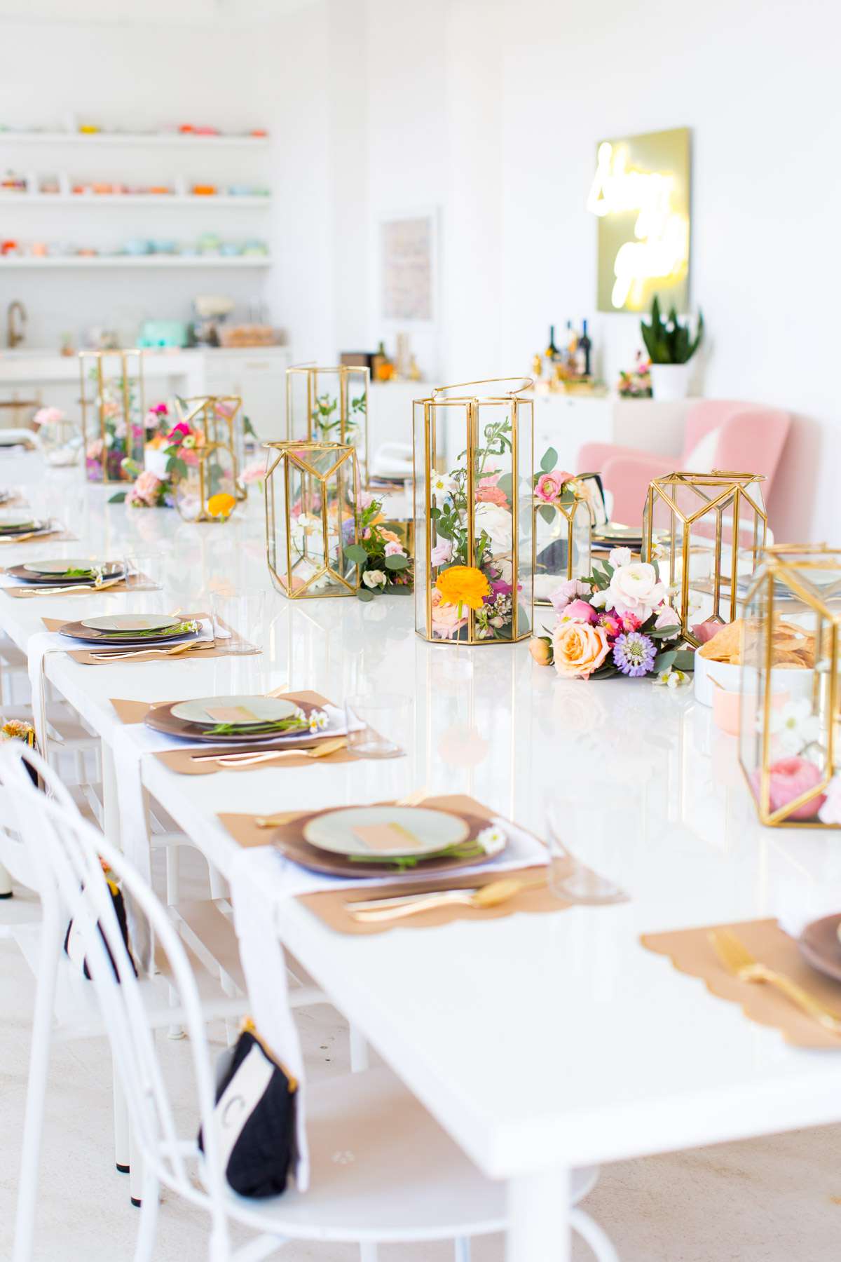 bridal shower centerpiece with geometric hurricanes