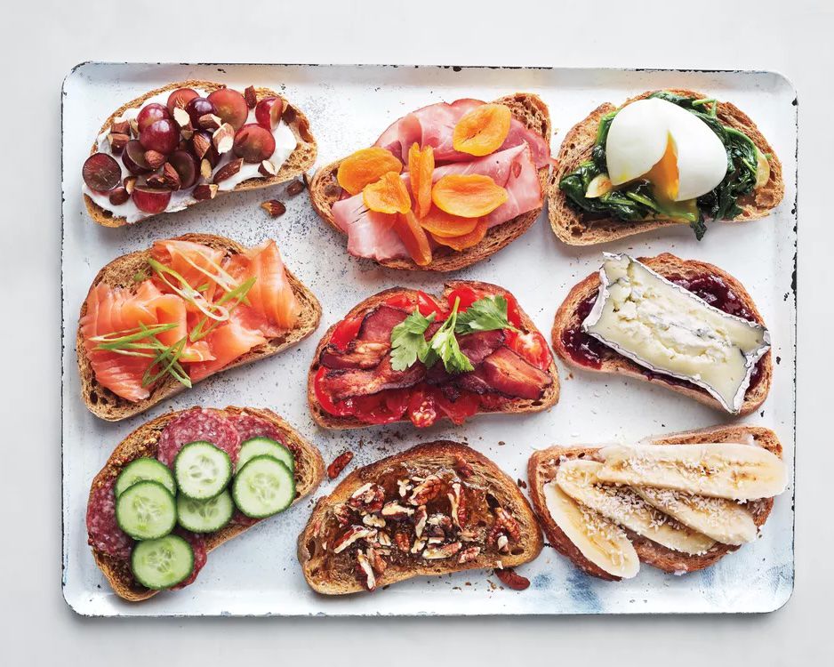 breakfast toasts with various toppings