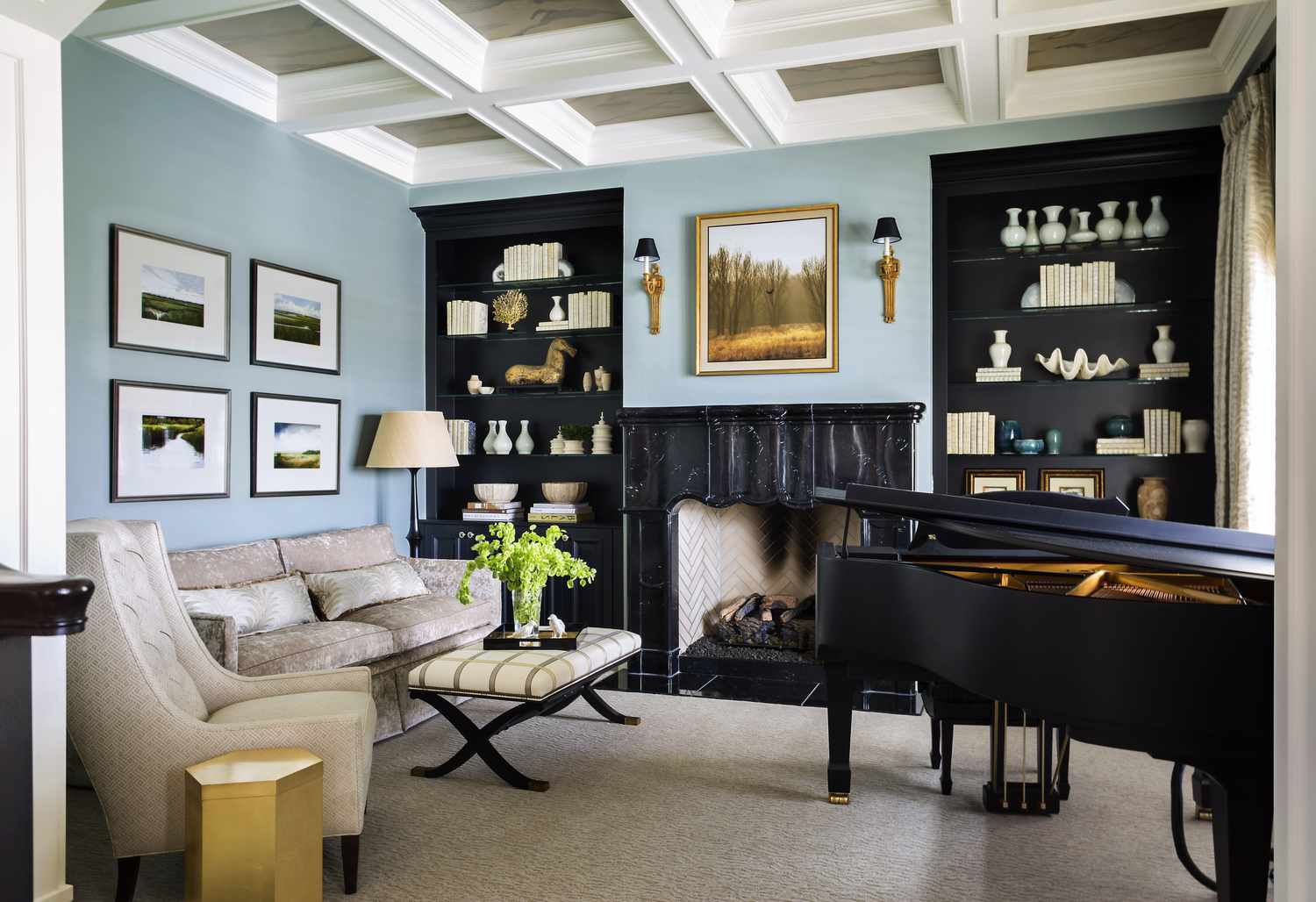 black curved marble fireplace