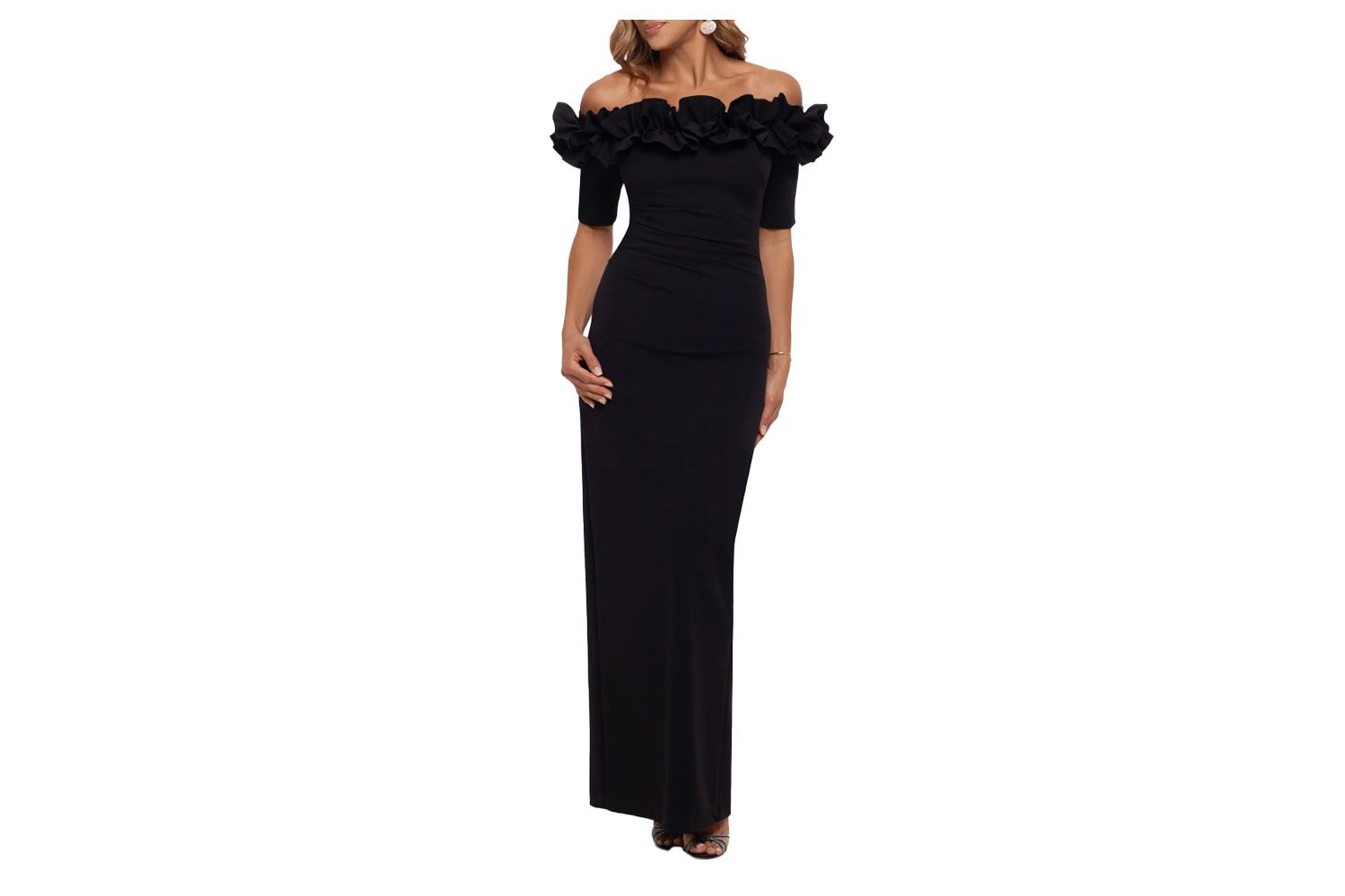 Xscape Ruffle Off the Shoulder Crepe Column Gown